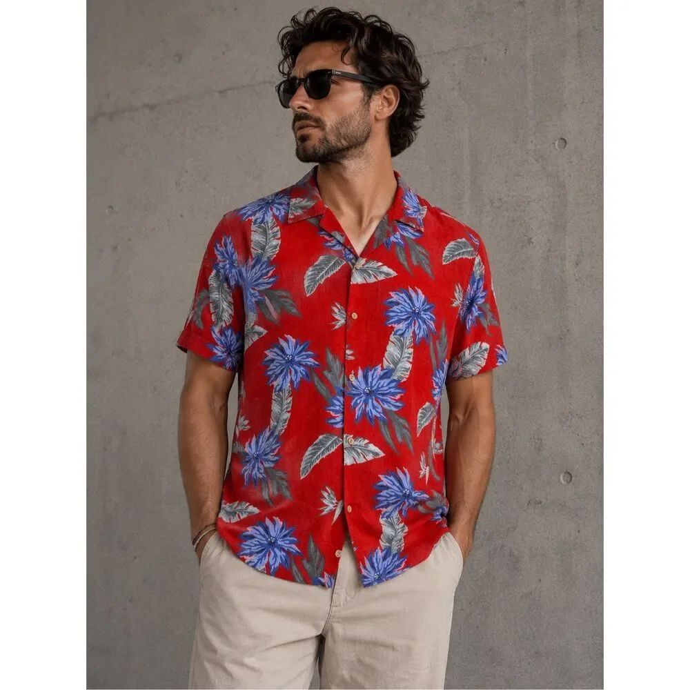 H&M LOGG Linen Cotton Hawaiian Shirt Red Floral Limited Edition Mens Size S